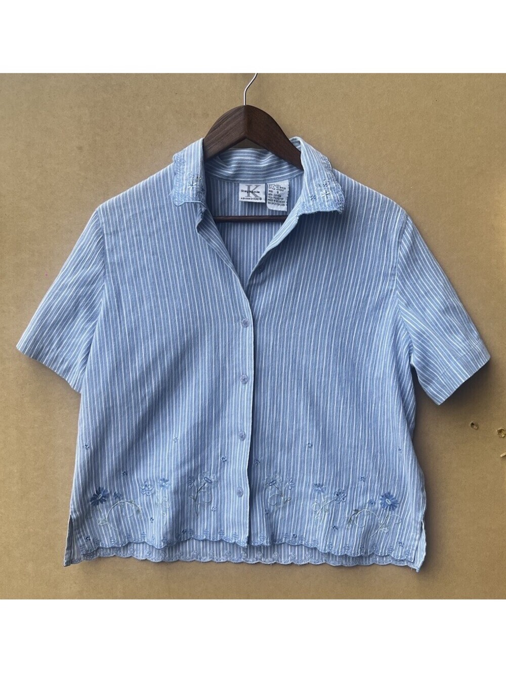 Vintage Stephanie Koret Blue White Stripe Embroidered Scallop Crop Shirt S